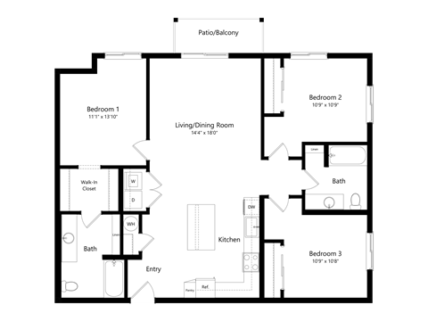 Floor plan for 3 beds, 2 baths, 1293 sqft